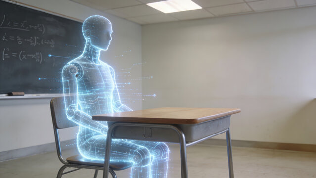 Hologram robot classroom technology futuristic artificial intelligence digital education innovation learning hologram robot sits classroom desk representing futuristic technology and artificial