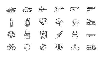 Fototapeta premium A collection of military icons and symbols in a flat, minimalist design style