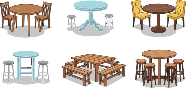 dining table and chair set collection illustration, wooden cafe furniture with stools and benches, restaurant seating designs isolated vector
