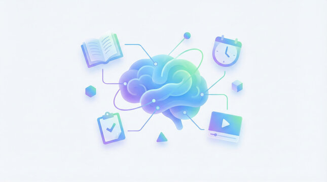 Brain learning education memory time checklist video digital pastel gradient creative technology concept icon illustration knowledge idea mind intelligence study planning organization productivity