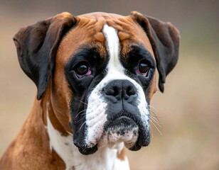 Fototapeta premium Portrait of a Focused Boxer Dog with Expressive Eyes.