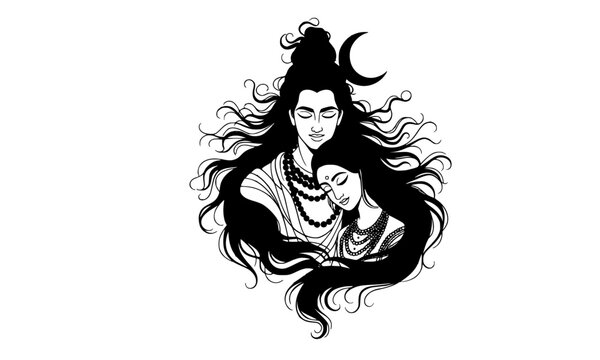 Beautiful Lord Shiva and Goddess Parvati line art illustration with flowing hair and crescent moon, a spiritual Hindu deity portrait perfect for Mahashivratri and meditation designs.