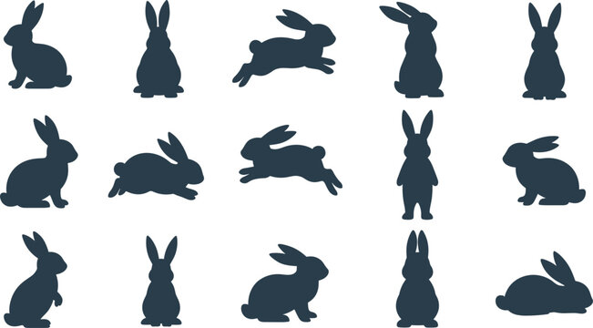 Rabbit silhouette vector set featuring various bunny poses including sitting jumping and standing silhouettes for minimalist logo design and seasonal spring graphics.