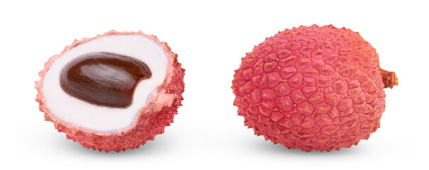 Lychees fruit berry collection. Whole juicy lychee and half of pink lychee with brown seed isolated set. © Oleh