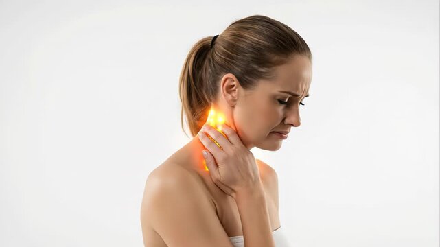 Woman with long hair suffering from neck ache and upper back pain while showing a digital anatomy of her cervical spine bones, isolated on a white background in a studio setting