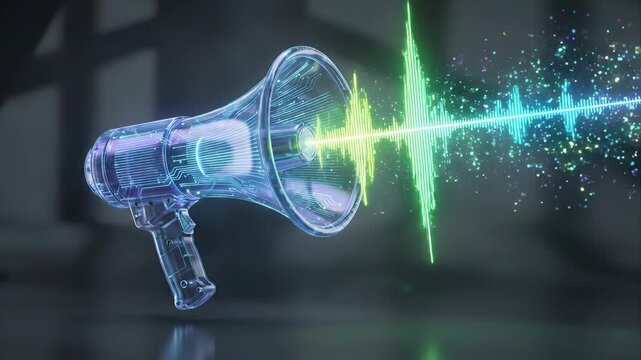 Luminous digital megaphone with a transparent circuit board pattern projecting a vibrant green and blue sound wave, representing communication technology, digital audio, and announcement concepts