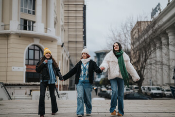 Obraz premium Three girls walk together down a city street in winter, smiling in stylish coats. They hold hands and stroll past modern buildings on a cloudy day.