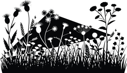 Black and white of a meadow with various wildflowers and grasses under a triangular shape © Hey there