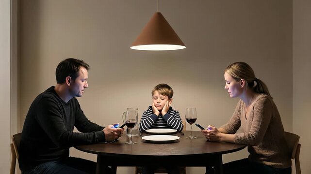 Sad little boy feeling lonely and neglected while his parents are engrossed in their smartphones during family dinner, a powerful concept of modern technology addiction and family disconnection