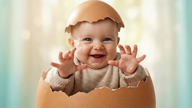 Happy newborn baby with bright blue eyes joyfully laughing and playing inside a large cracked egg, wearing a piece of the shell on its head like a hat during a sunny easter celebration