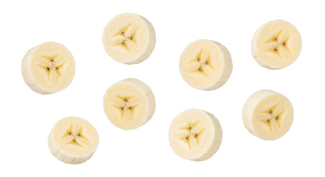 Banana slices PNG isolated on transparent background, fresh fruit pieces for healthy eating and dessert decoration