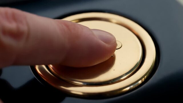 Close up view of a finger pushing a shiny golden button with vip lettering, symbolizing exclusive access, luxury service, first class treatment, and important client membership