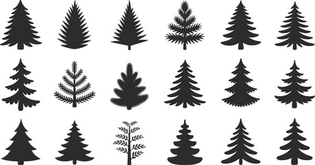 Collection of black and white tree silhouettes featuring various types of coniferous trees and foliage in different shapes and sizes © Hey there