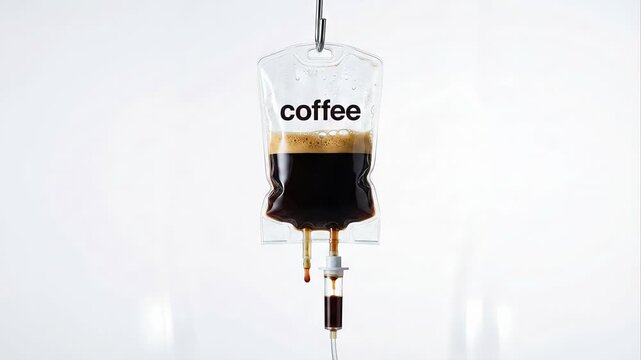 Freshly brewed coffee with foam drips slowly from a medical intravenous bag hanging on a hook against a clean white background, symbolizing an urgent need for energy and caffeine addiction