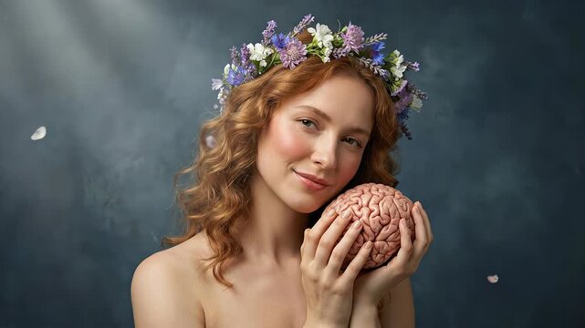 Beautiful young woman with a flower wreath gently holding and caressing a human brain, symbolizing mental health, self love, mindfulness, and the gentle care of one's intellect