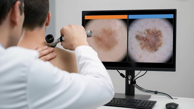 Dermatologist using a modern dermatoscope to examine a mole on a male patient's back, with a magnified image of the nevus displayed on a computer screen for detailed analysis and melanoma detection