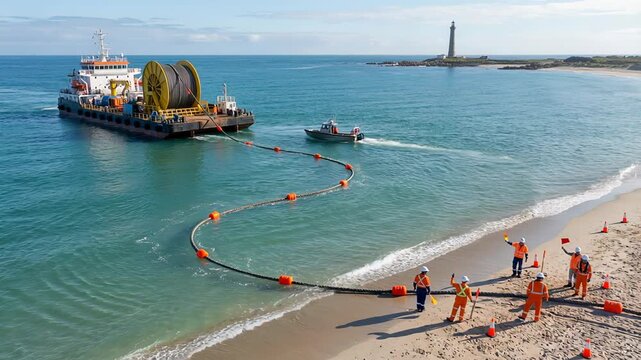 Aerial view of engineers and workers landing a new submarine fiber optic communication cable from a specialized ship onto a sandy beach, with a distant lighthouse in the background