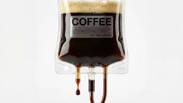 Creative concept of coffee addiction with a foamy black coffee beverage dripping from a medical intravenous bag, isolated on a clean white background, symbolizing energy and dependence