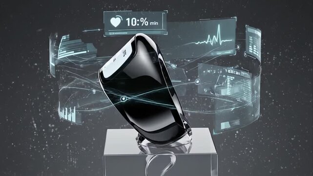 Advanced wearable smart ring tracking heart rate, sleep, vitals and fitness metrics with holographic ar interface displaying real time health data, charts and biometric insights