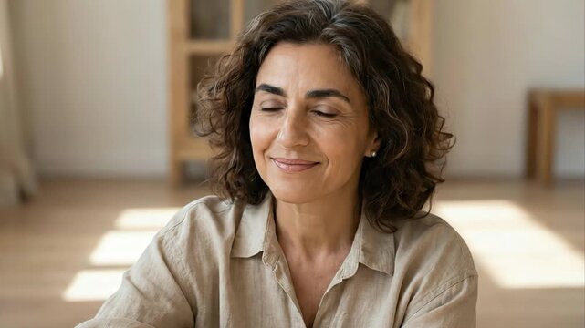 Headshot portrait of a happy middle aged woman with curly hair looking at the camera. Beautiful confident mature businesswoman sitting at home or in the office, expressing positivity and success