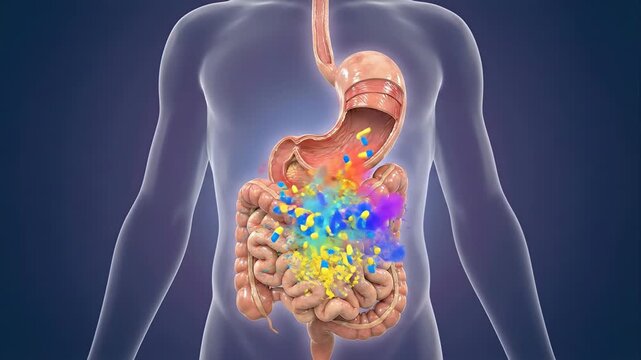 Medical animation of capsules and pills moving through the esophagus, stomach, and intestines, dissolving and releasing active ingredients for absorption in the gut
