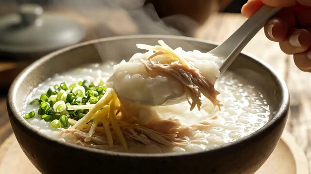 Close up of savory porridge with garnishes in a bowl