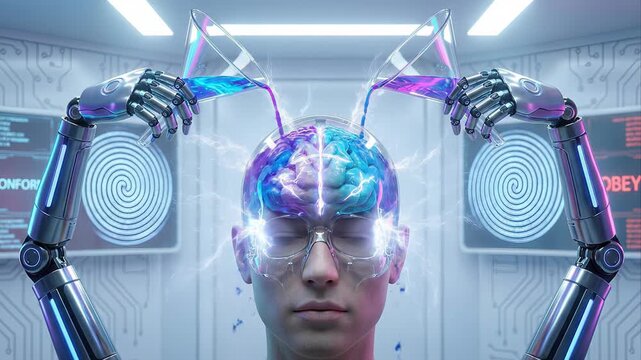 Robotic arms pouring colorful chemicals into a man's transparent brain, illustrating concepts of mind control, manipulation, and programming within a futuristic high tech laboratory setting