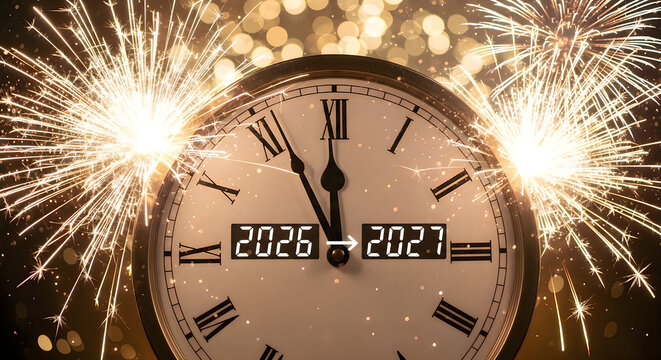 New Year's Eve Countdown with Fireworks and Clock