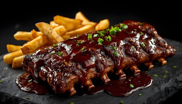 Smoky BBQ Beef Ribs with French Fries and Dark Moody Food Shot