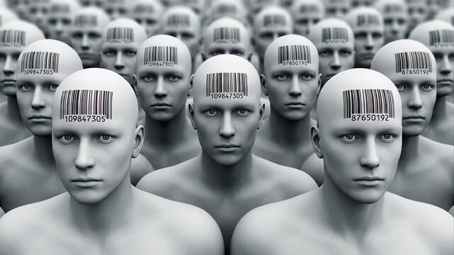 Anonymous crowd of identical men with barcodes on their foreheads slowly raising their heads, representing concepts like consumerism, cloning, social control, and loss of identity