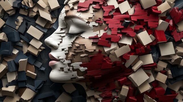 A white face sculpture is partially covered by red and black puzzle pieces. The pieces seem to be exploding or scattering around the head.