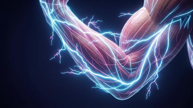 Detailed anatomical animation showing a human arm contracting, illustrating the intricate muscle fibers and the transmission of electrical signals through the complex network of the nervous system