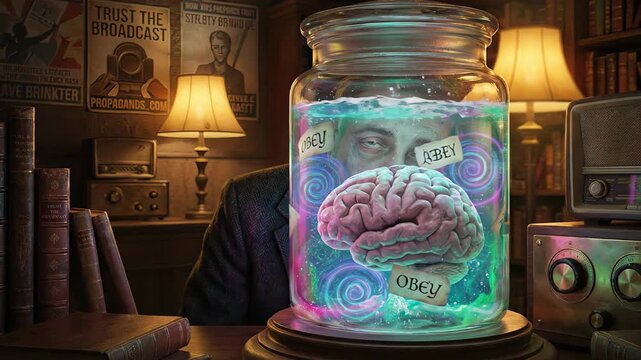 Surreal scene depicting a brain in a jar with hypnotic swirls and obey messages, illustrating concepts of propaganda, mind control, brainwashing, and manipulation in a vintage, dystopian setting