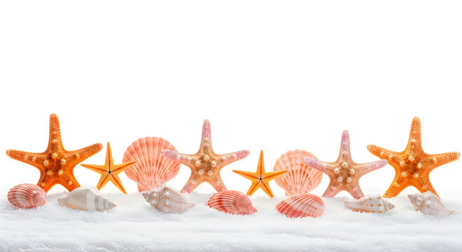 A Group of Starfish and Seashells on the Sandy Beach by the Sea Shore
