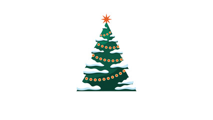 Obraz premium Green Christmas tree decorated with orange ornaments and topped with a red star is covered in white snow.