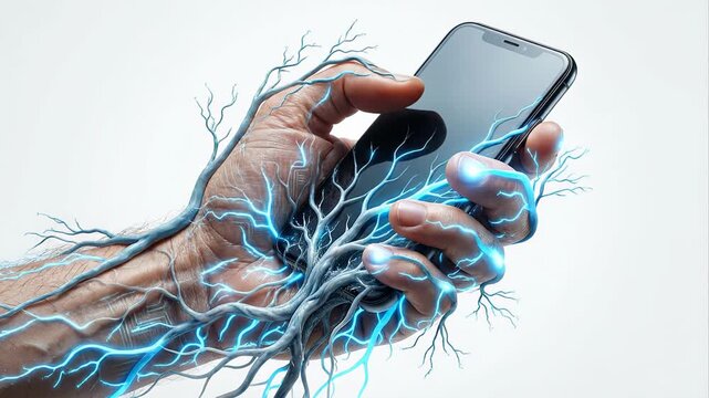 Metaphorical animation showing a human hand holding a mobile phone while blue, glowing digital veins and circuits grow over the arm, representing technology integration and human machine connection