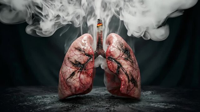 Conceptual animation showing the harmful effects of smoking, with a cigarette burning inside the trachea as thick smoke fills the tar stained lungs, symbolizing respiratory disease and cancer