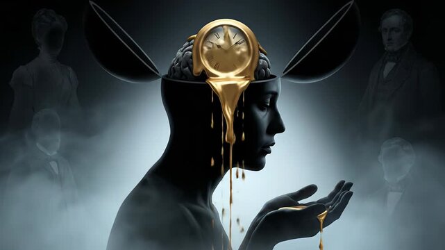 Surreal representation of time perception with a vintage clock melting like liquid gold from an open mind into cupped hands, surrounded by historical figures fading in a misty background