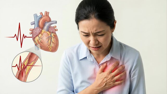 Medical animation showing an asian woman suffering from a heart attack, with visuals of a blocked coronary artery and an abnormal electrocardiogram, isolated on a white background