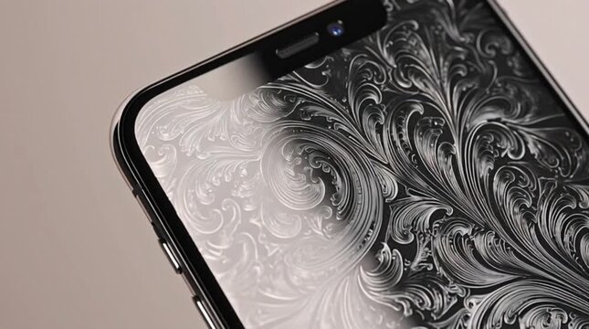 Black smartphone with ornate baroque pattern design on white background minimalist tech style