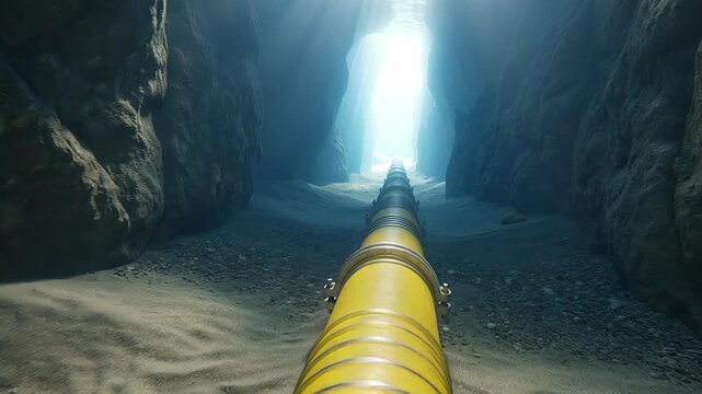 Yellow industrial pipeline laid on the sandy seabed of an underwater canyon for transporting gas or oil, representing energy infrastructure and deep sea exploration in a marine environment