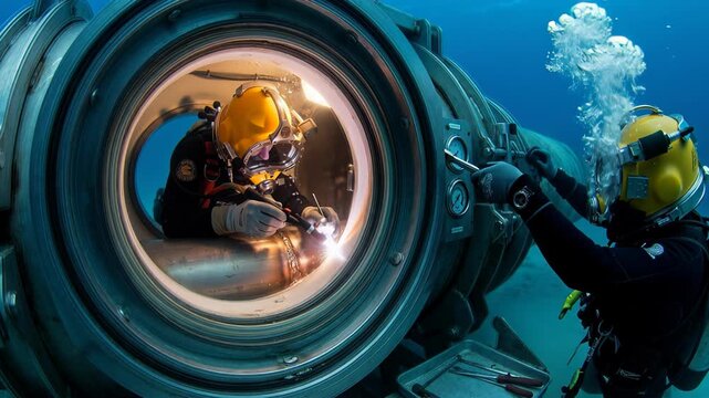 Two professional divers collaborating on a deep sea operation, one diver performing hyperbaric welding inside a pipeline while the other provides support and maintenance from the outside