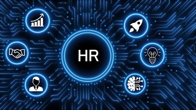 Digital technology concept with glowing neon circuit board radiating from a central processor displaying the word HR surrounded by business.4k animation 