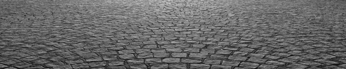 Fototapeta premium bitumen in gaps. Textured grey gray silver stone walkway, paved road Old stone road cobblestone. Grey Old Stone Pavement Top perspective View, Granite Cobblestone Road, Green Moss, dry Surface
