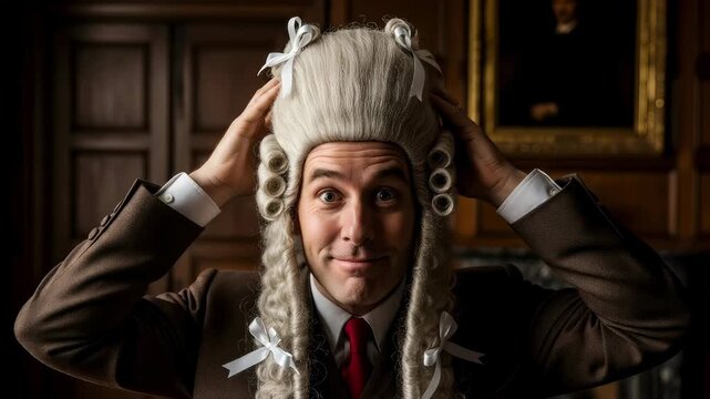 Man modelling a grey historical wig with curls and ribbons, a costume for a period play or formal dress event.