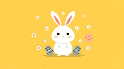 Fototapeta premium Adorable Flat Cartoon Easter Bunny Illustration: Cute White Rabbit with Patterned Eggs and Daisy Flowers on a Vibrant Yellow Background.