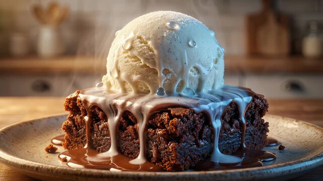 Scoop of cold vanilla ice cream slowly melts over a warm, steaming chocolate brownie, with rich fudge sauce dripping down the sides, creating a delicious and tempting dessert on a plate