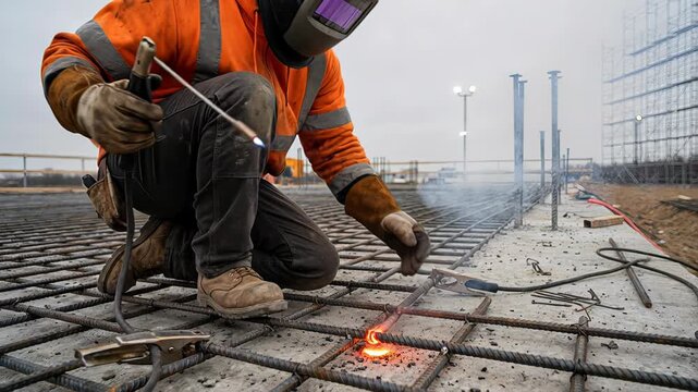 Professional welder in protective gear using stick welding to join reinforcing steel bars on a concrete slab foundation, with bright sparks flying from the intense heat of the electric arc
