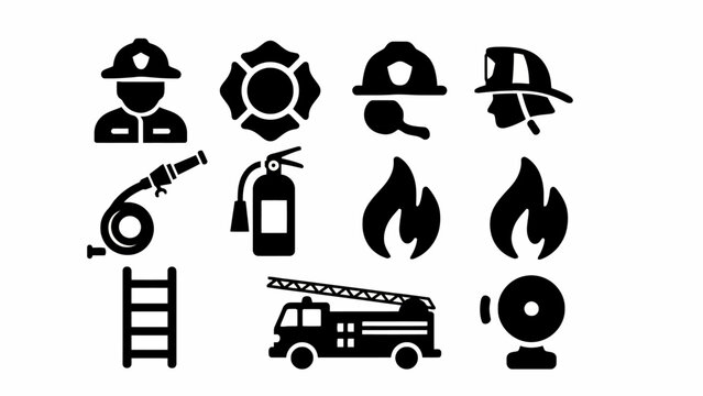 Comprehensive set of essential firefighting and emergency service icons, featuring tools, personnel, and safety symbols for graphic design