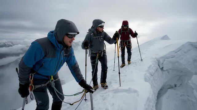 Team of three roped mountaineers carefully traversing a narrow, exposed snow ridge high in the mountains, using ice axes and crampons for safety during their alpine ascent on a cloudy day